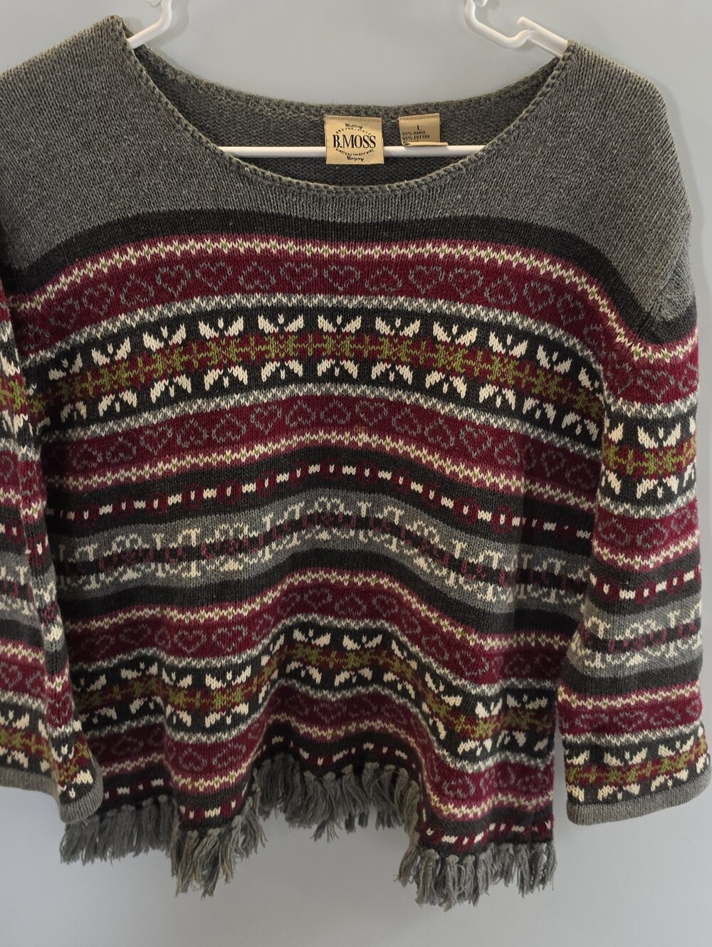 B. Moss Women’s L Fair Isle Fringe Sweater Ramie Cotton Boho Pullover